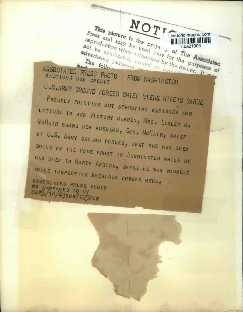 1943 Press Photo General McNair, American Army head views her wife's garden