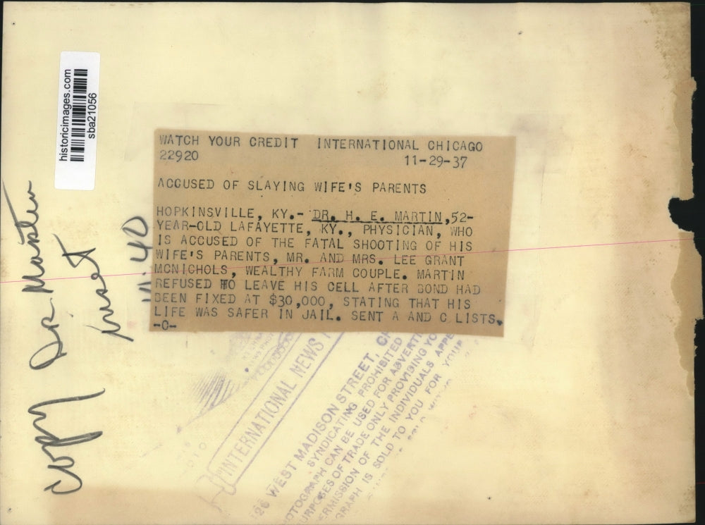 1937 Press Photo Dr. H.E. Martin accused of Fatal Shooting of his Wife's Parents