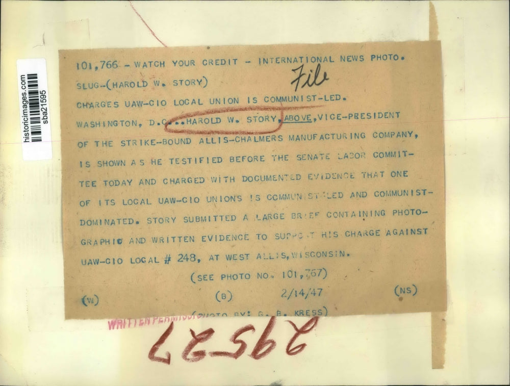 1947 Press Photo Harold W Story VP of Allis Chalmers 