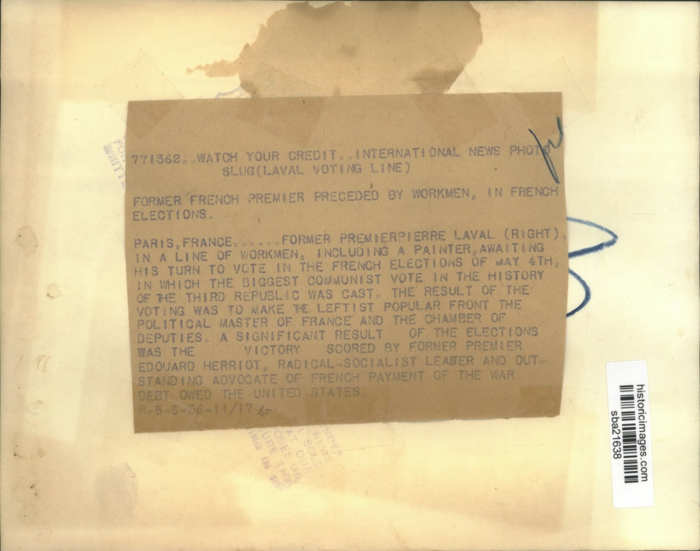 1936 Press Photo Former Premier Pierre Laval waits in line with workers to vote