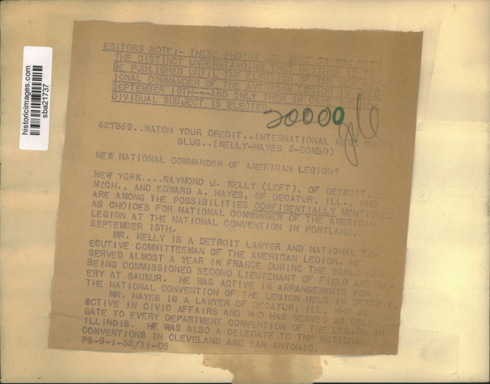 1932 Press Photo Raymond J Kelly and Edward A Hayes American legion - sba21737