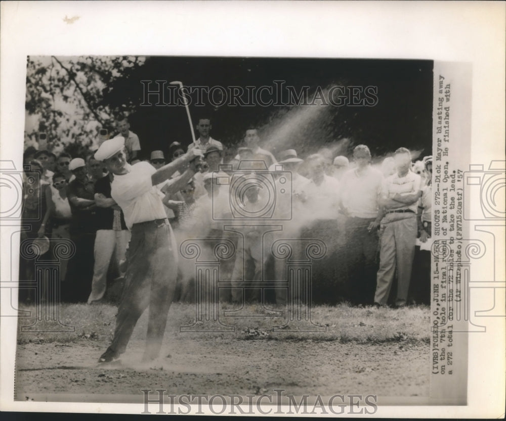 1957 Press Photo Dick Mayer blasting away on the 7th hole in National Open
