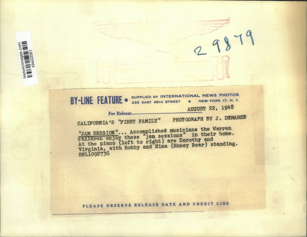 1948 Press Photo Gov. Ear Warren Children enjoying Jam Session at their home