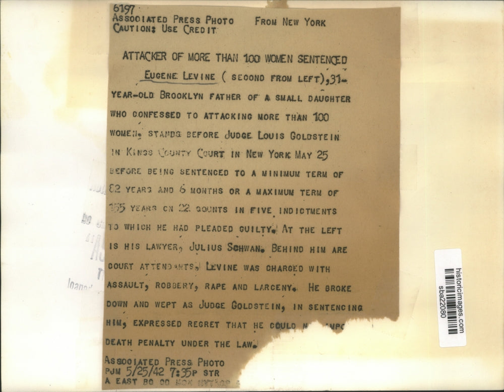 1942 Press Photo Eugene Levine Confessed To Attacking More Than 100 Women