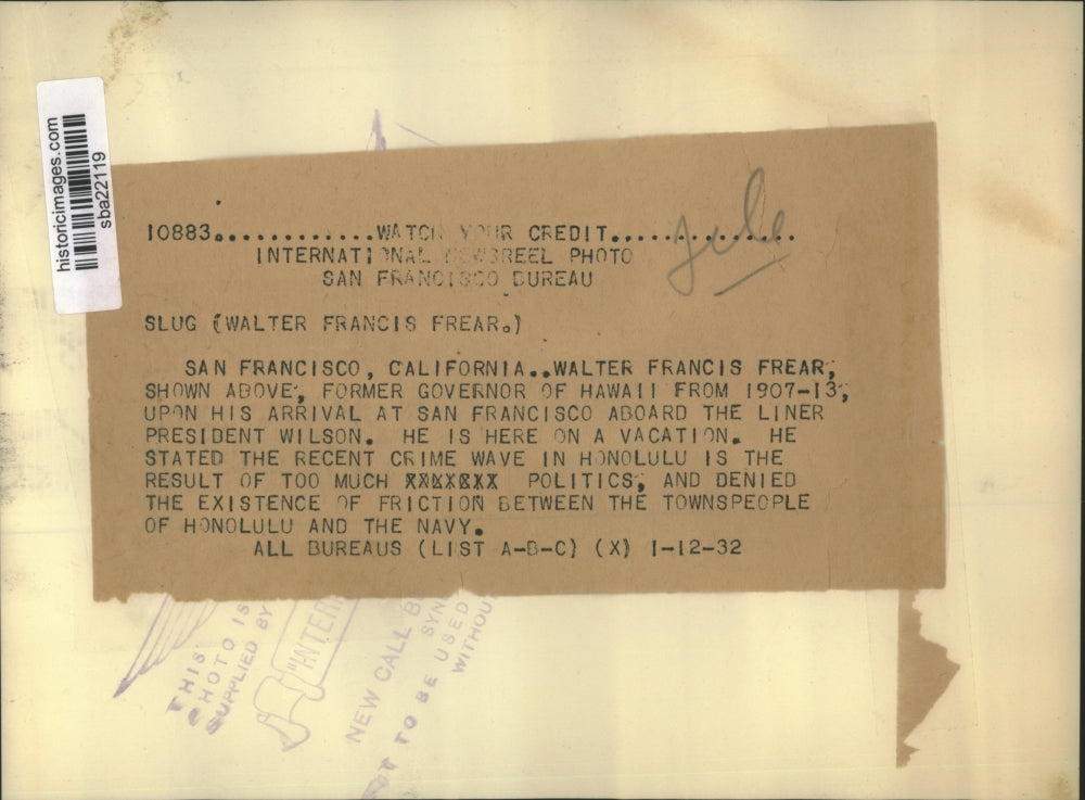 1932 Press Photo Walter Frear of Hawaii arrives San Francisco for a vacation