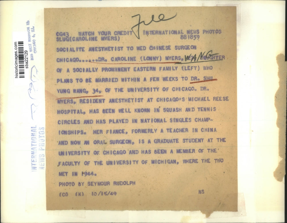 1949 Press Photo Tennis Star Dr.Caroline Myers married to Dr. Shi Yung Wang