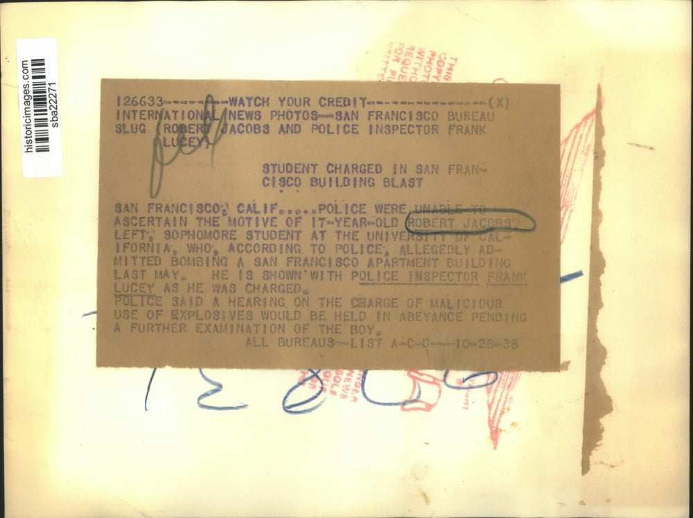 1938 Press Photo Robert Jacobso & police inspector Frank Lucey in aAlif