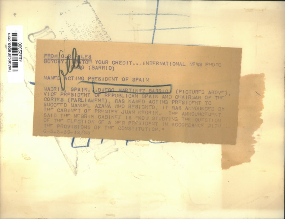 1935 Press Photo Diego Martinez Barrio named acting president of Spain