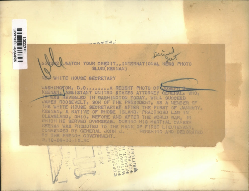 1938 Press Photo Recent photo of Assistant US Attorney Joseph S Keenan