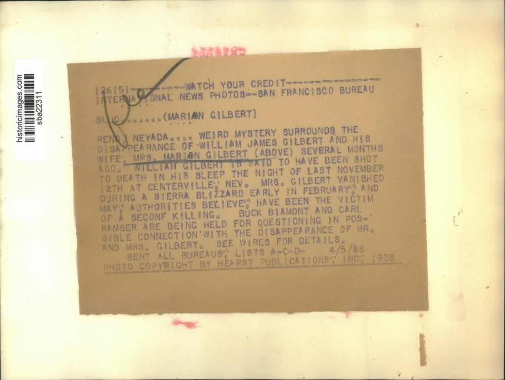 1938 Press Photo Marion Gilbert whose disappearance is shrouded in mystery