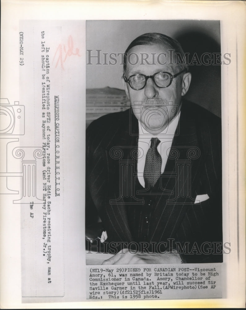 1958 Press Photo Viscount Amory named for Canadian Post by Britain - sba22647- Historic Images