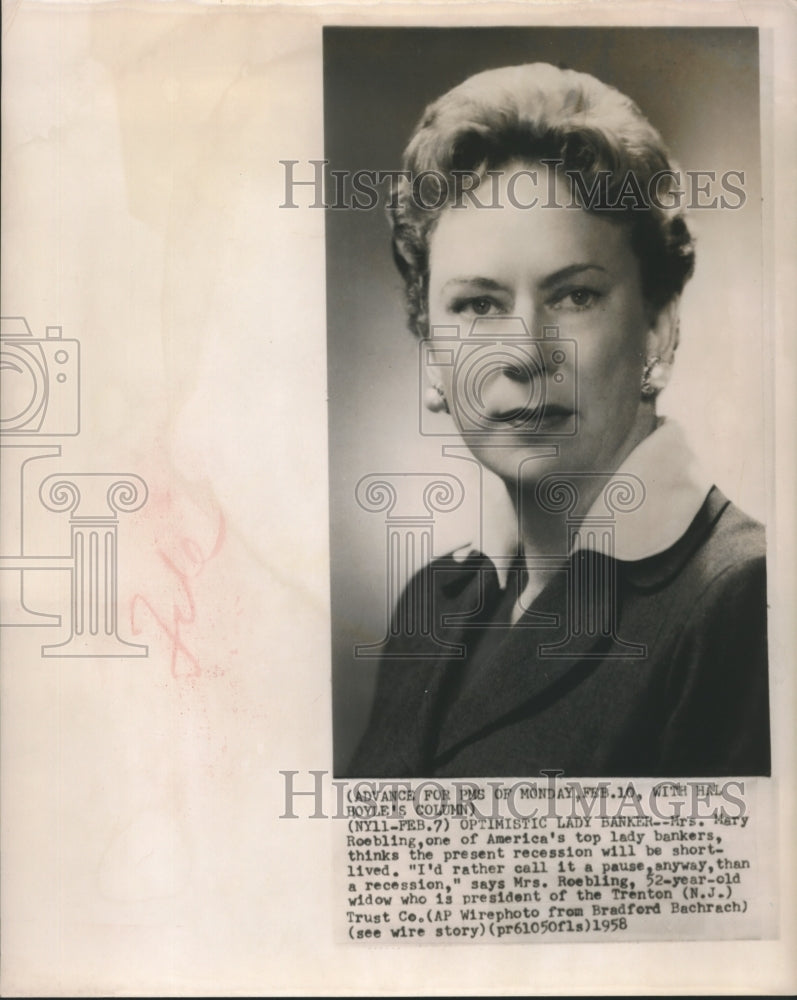 1958 Press Photo Mrs. Mary Roebling President of the Trenton Trust Co.