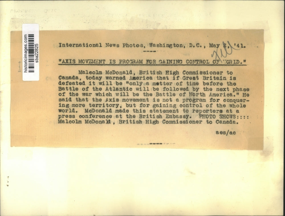 1941 Press Photo Malcolm McDonald British High Commissioner to Canada