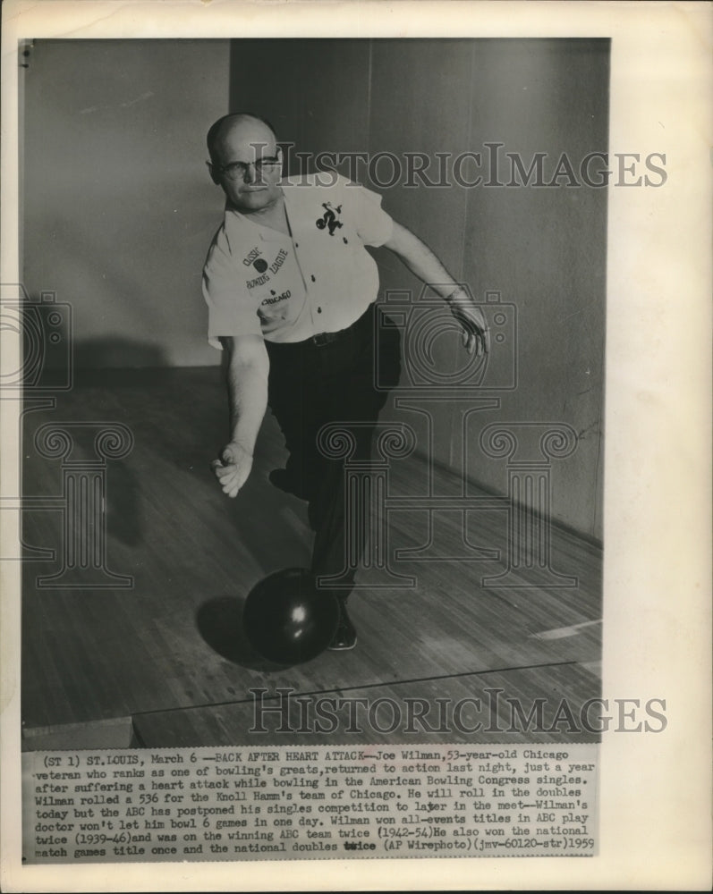 1959 Press Photo Joe Wilman returns to bowling after suffering from heart attack