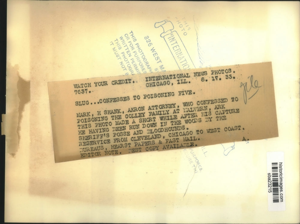 1933 Press Photo Mark Shank arrested for poisoning the Colley Family in Arkasas