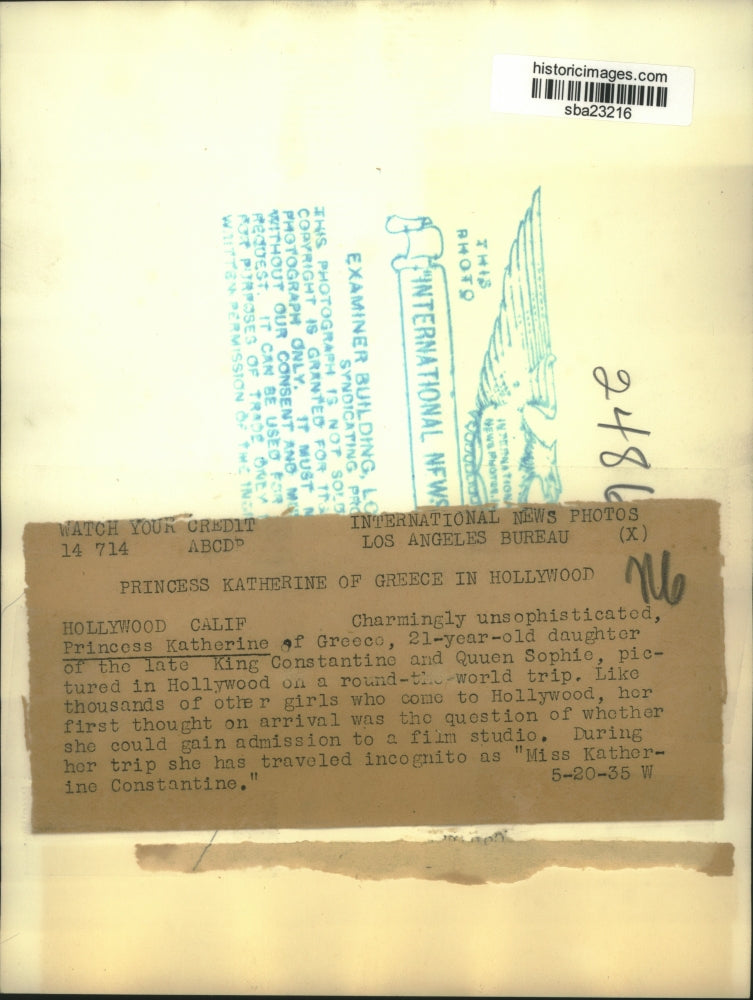 1935 Press Photo Princess Katherine of Greece visits Hollywood - sba23216