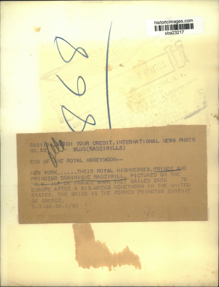 1938 Press Photo Prince and Princess Dominique Radziwill arrives Europe