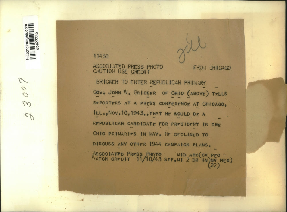 1943 Press Photo Gov John Bricker announces candidacy for President - sba23235