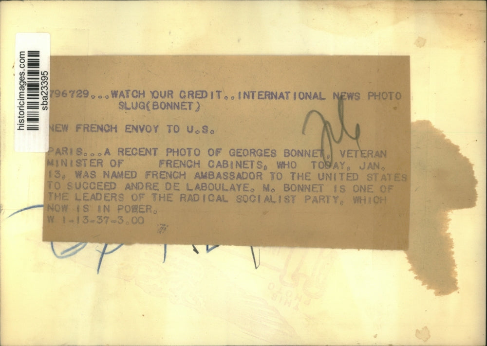 1937 Press Photo Georges Bonnet Minister of French cabinets now ambassador to US