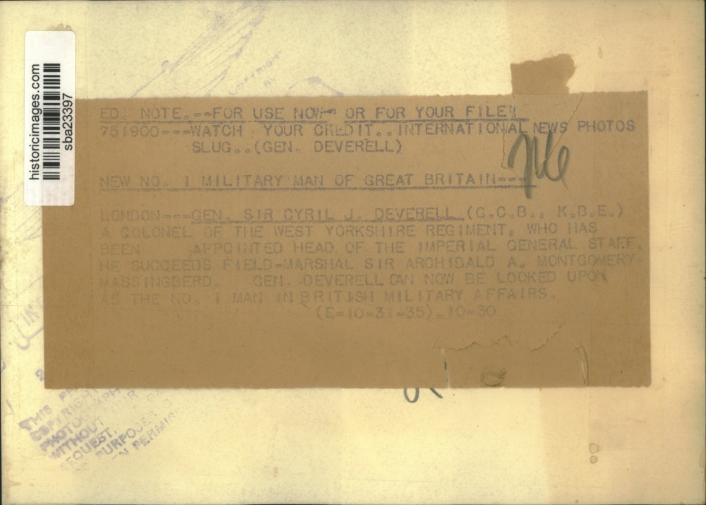 1935 Press Photo Sir Cyril J Deverell New No 1 Military Man of Great Britain