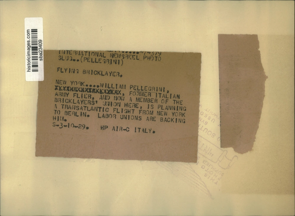 1929 Press Photo William Pellegrini Plans Transatlantic Flight From New York