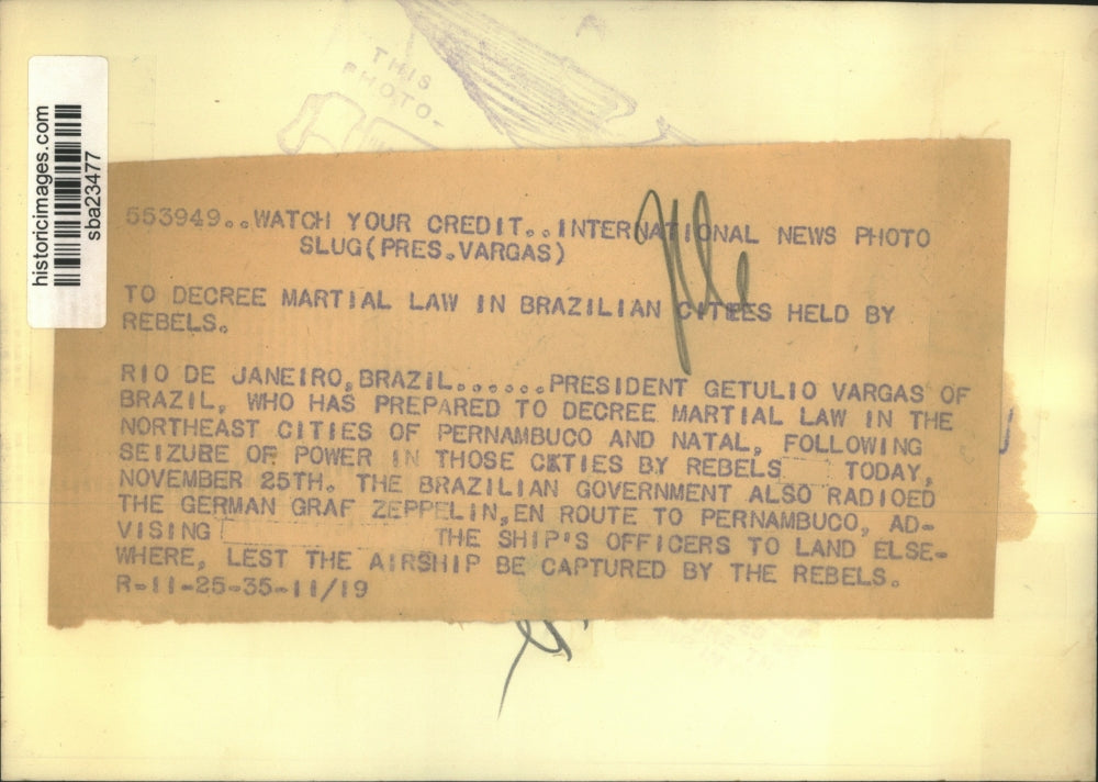 1935 Press Photo Getulio Vargas Prepares to Decree Martial Law in Natal Cities