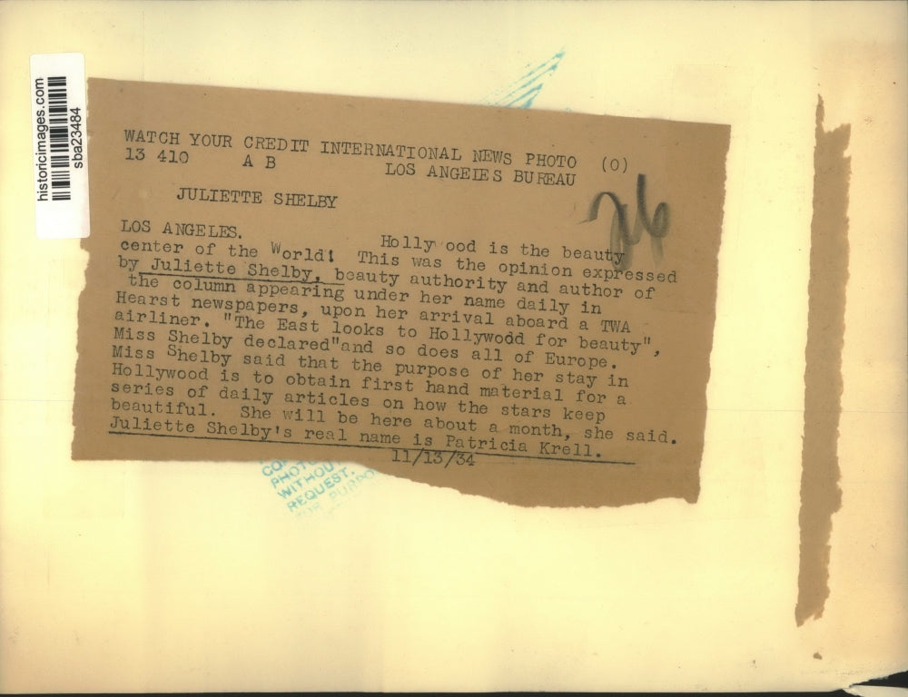 1934 Press Photo Beauty Authority Juliette Shelby Arrives in Hollywood on TWA