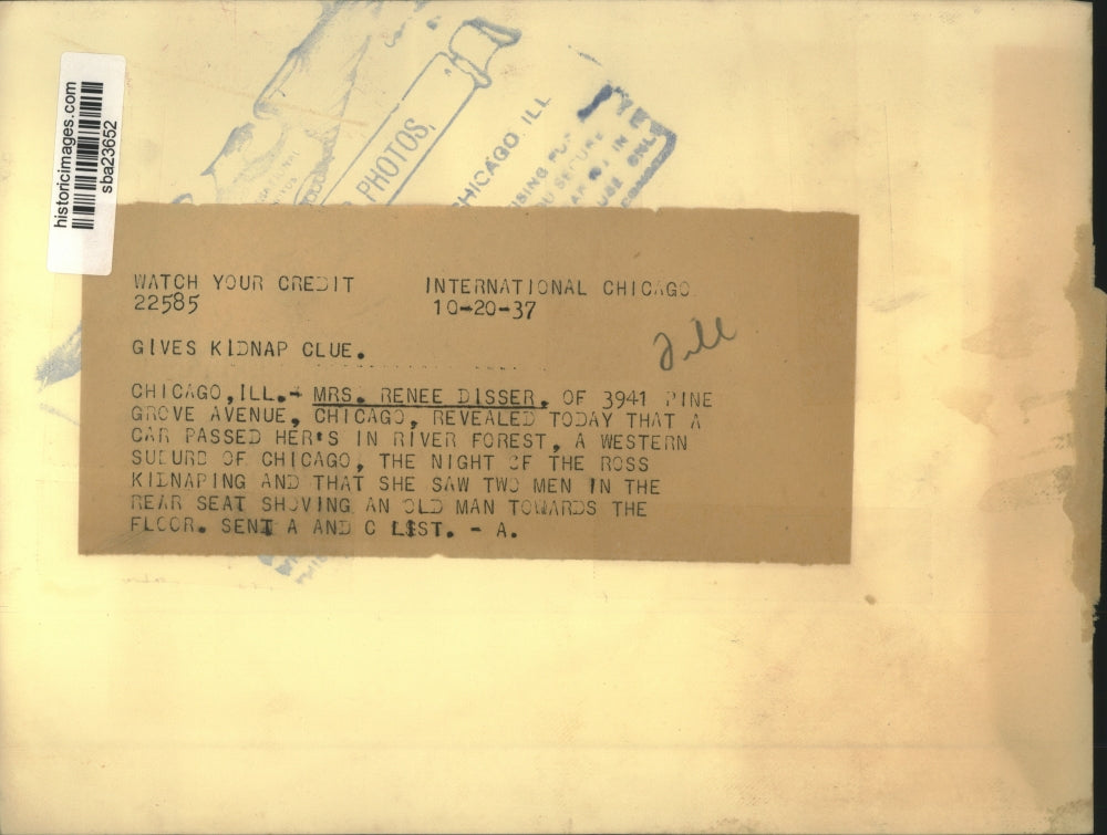 1937 Press Photo Mrs Renee Disser gives clue in kidnap case in Chicago