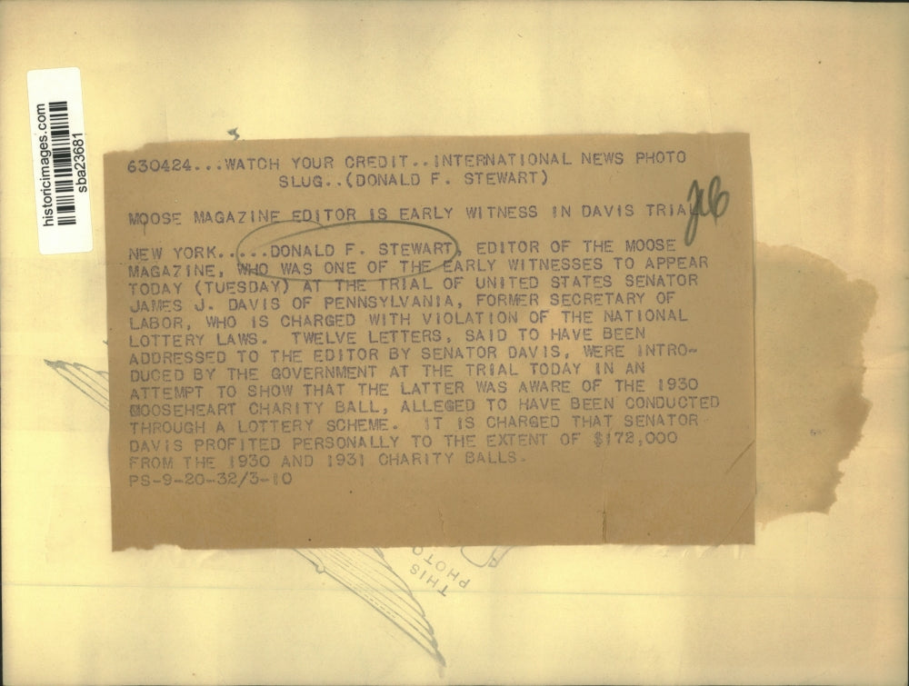 1932 Press Photo Donald F Stewart, Editor of Moose Magazine at trial of JJ Davis