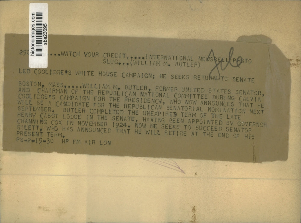 1930 Press Photo William Butler announces candidacy for Senate Nomination