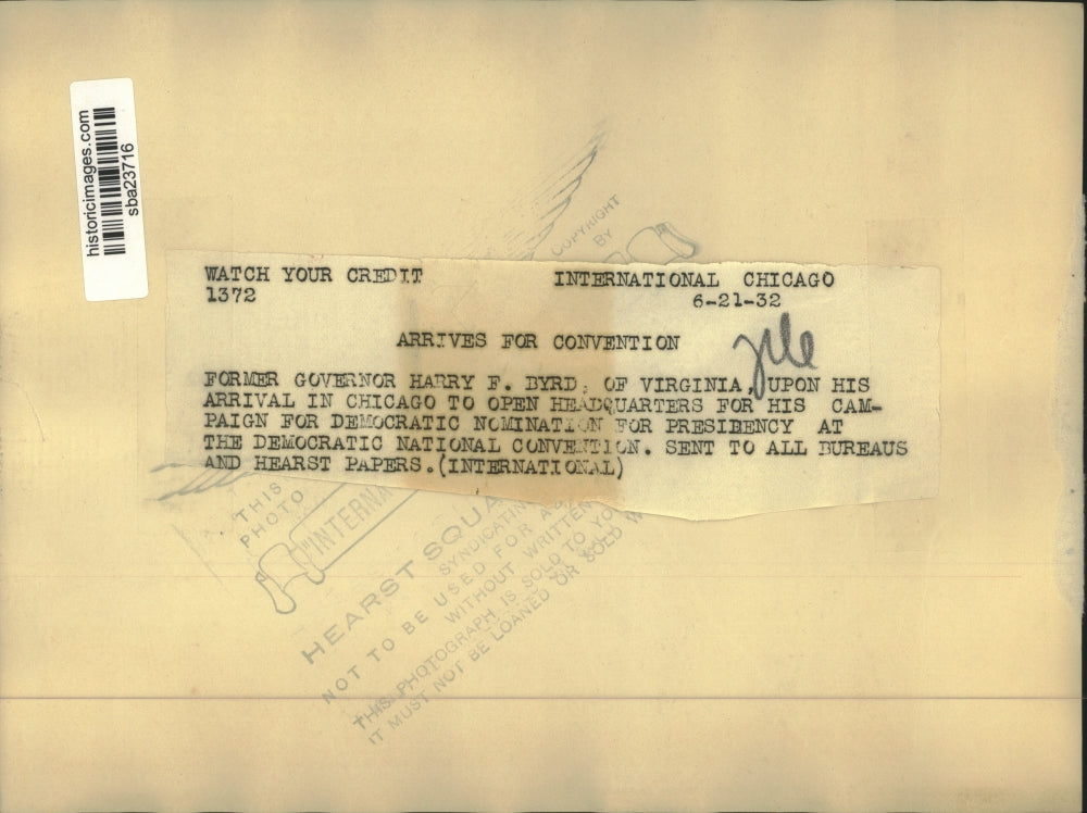 1932 Press Photo Former Governor Harry F Byrd of Virginia arrives in Chicago