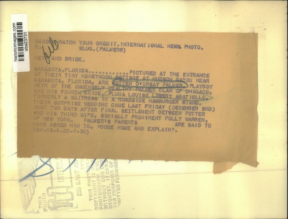 1930 Press Photo Playboy Heir Potter D'Orsay Palmer Marries Pluma L Abbatiello