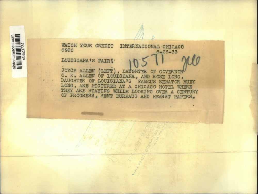 1933 Press Photo Joyce Allen & Rose Long Daughters of Politic Figures in Chicago