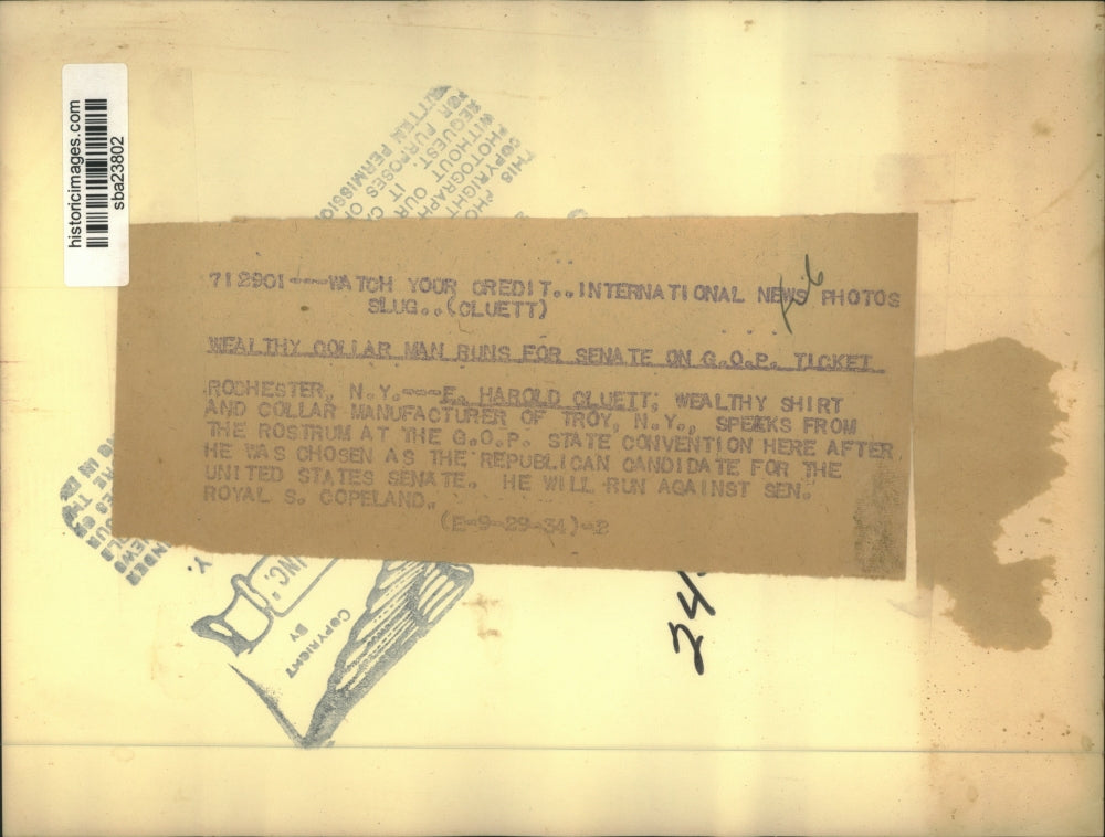 1934 Press Photo E. Harold Cluelett named Republican candidate for senate seat