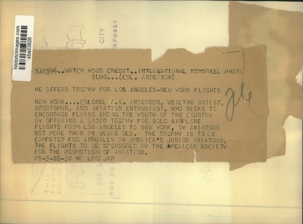 1930 Press Photo Colonel A.A. Anderson offers award for solo airplane flights