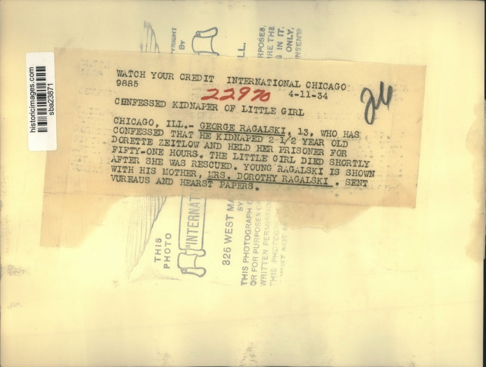 1934 Press Photo George Ragalski confessed to kidnap a girl shown with mother