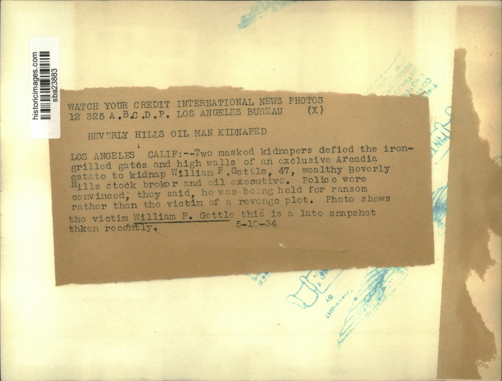 1934 Press Photo William E. Gettle kidnapping victim rescued by the police