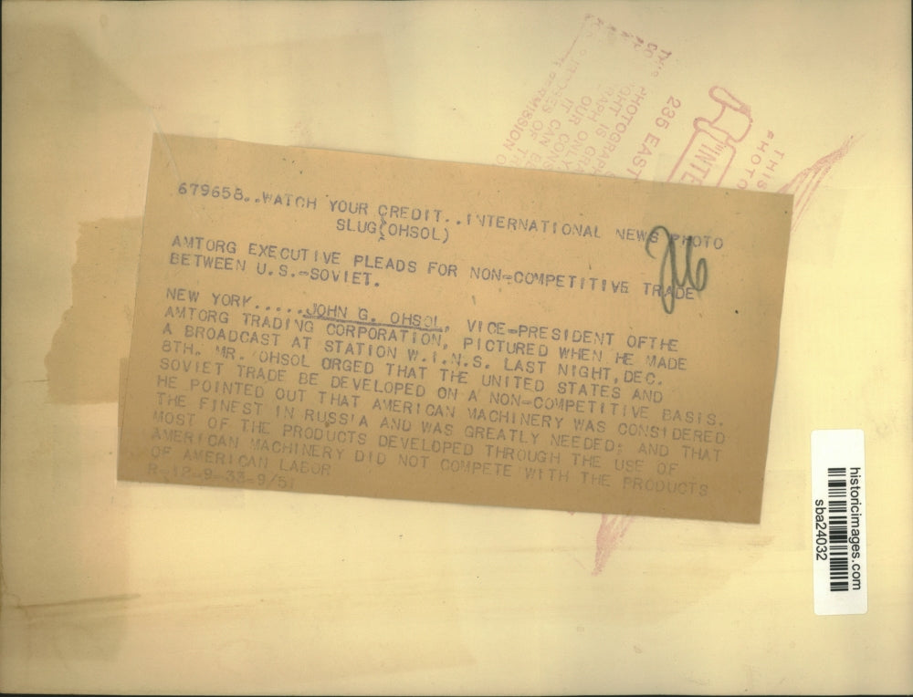 1933 Press Photo John Ohsol pleads for non competitive trade of America-Soviet