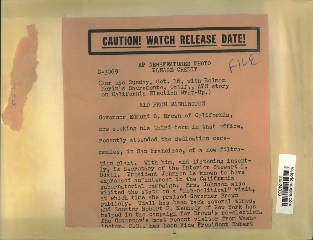 Press Photo Governor Edmund Brown and Stewart Udall at Dedication Ceremony