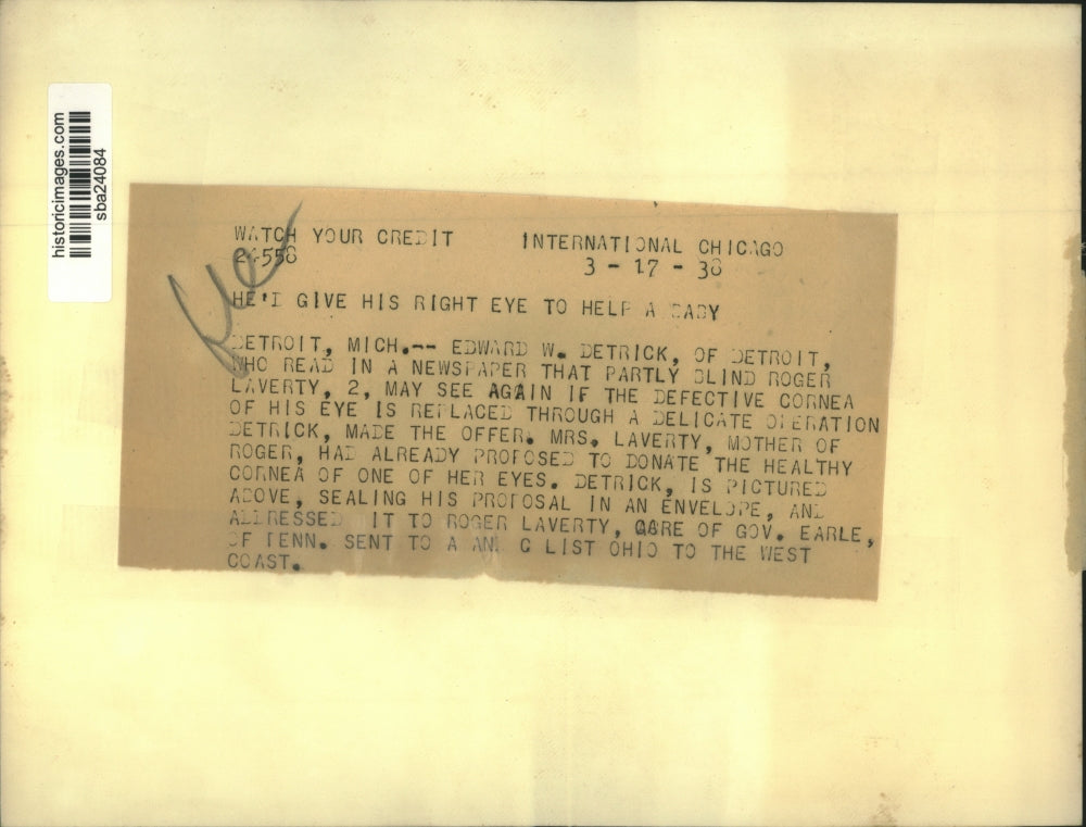 1938 Press Photo Edward W.Detrick give his right eye to a boy Roger Laverty