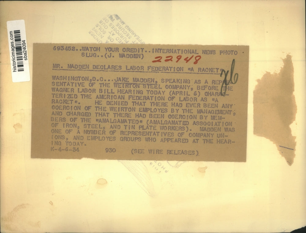 1934 Press Photo Jake Madden rep of Weirton Steel Company in Washington DC