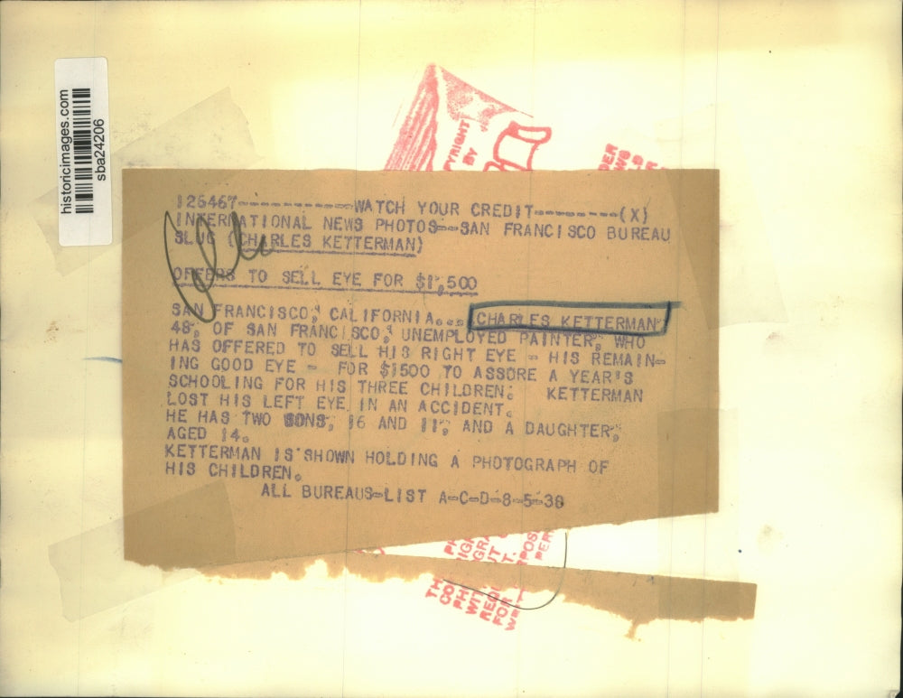 1936 Press Photo Unemployed Painter Charles Keterman Offers to Sell Good Eye