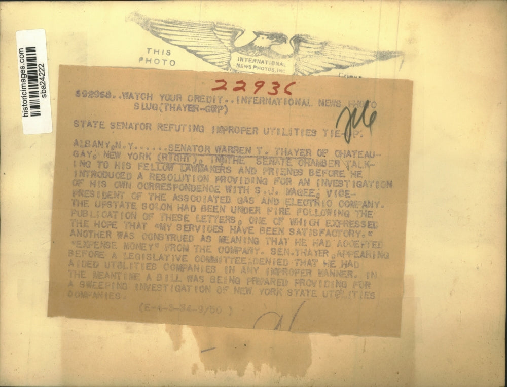 1934 Press Photo Senator Warren T Thayer of NY & fellow lawmakers in Albany