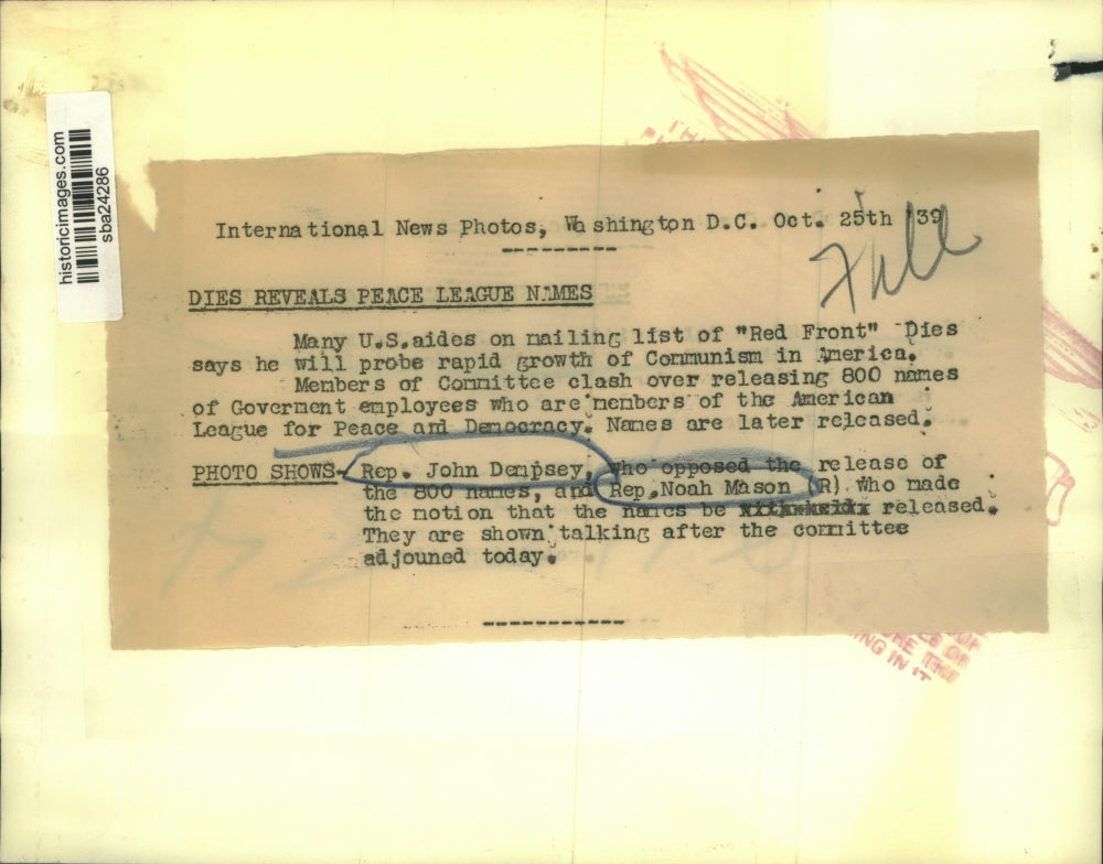 1939 Press Photo Rep. John Dempsey and Rep.Noah M. Mason - sba24286
