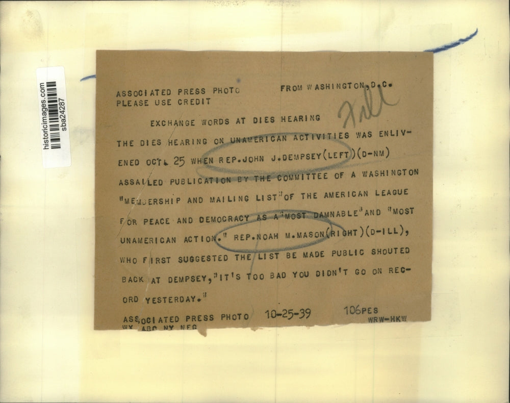 1939 Press Photo Rep. John Dempsey and Rep. Noah Mason at Dies Hearing