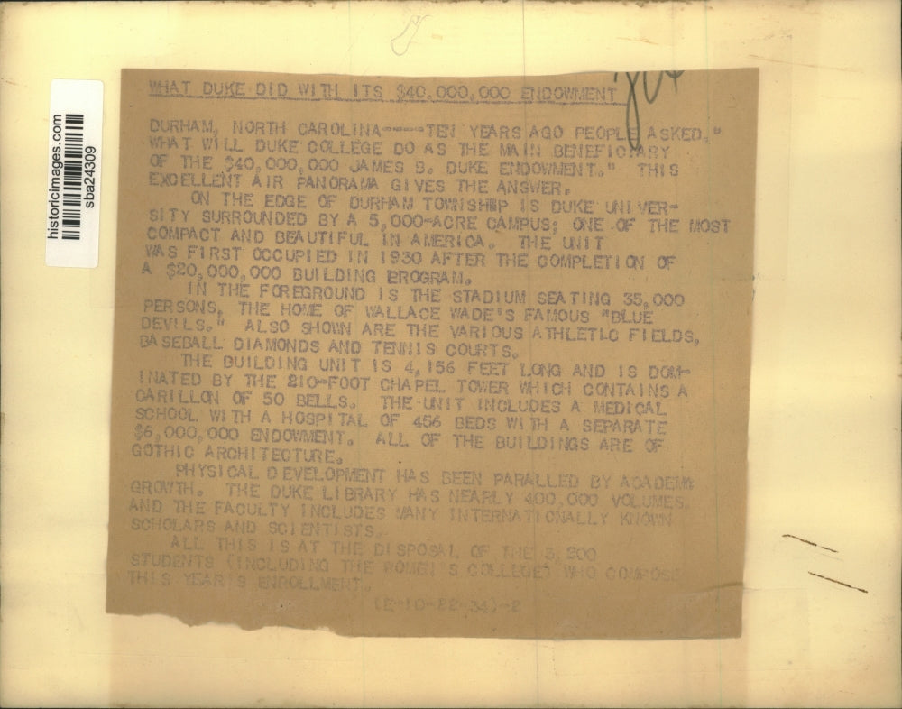 1934 Press Photo View Of What Duke Is Doing With Its 40 Million Dollar Endowment
