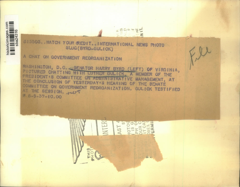 1937 Press Photo Senator Harry Byrd Of Virginia Chatting with Luther Gulick