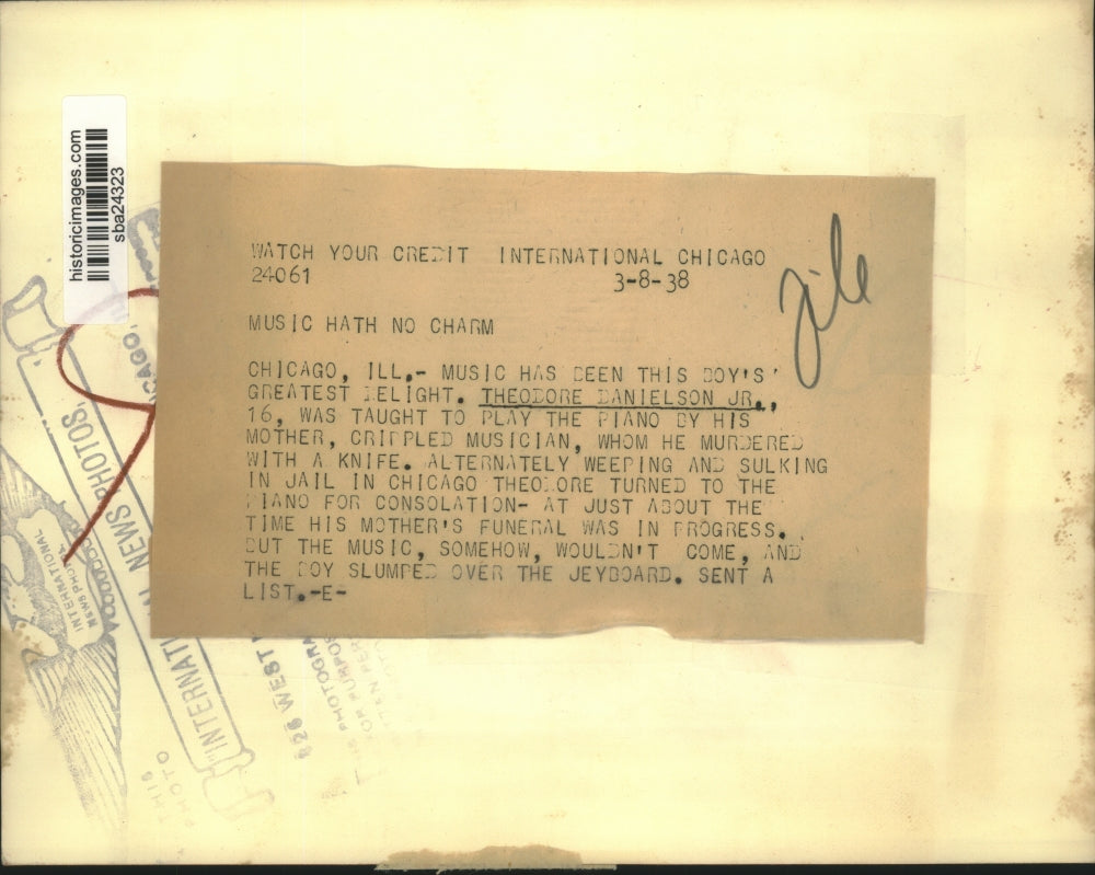 1938 Press Photo Theodore Danielson Jr. who killed his mother with a knife