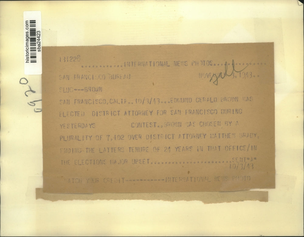 1943 Press Photo Edmund Brown elected District Attorney for San Francisco.