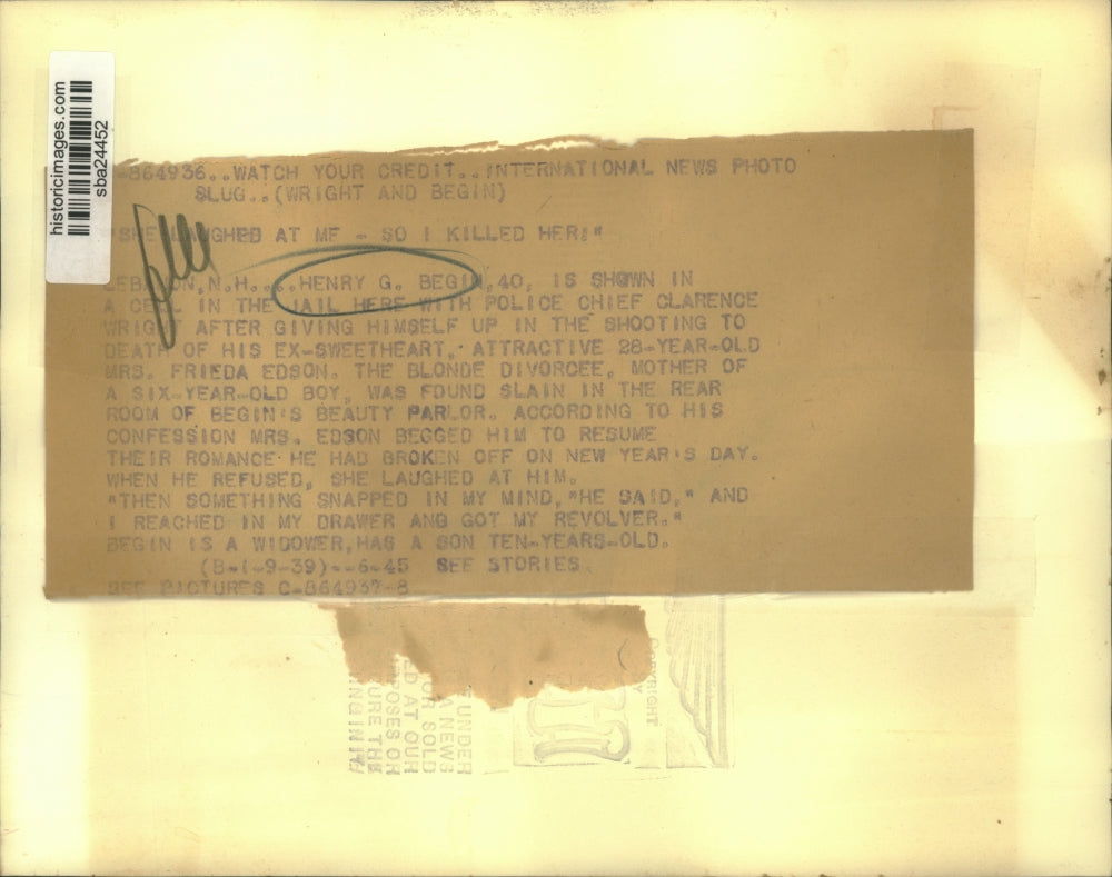 1939 Press Photo Henry G Begin Gives Self Up in Shooting Death of Freida Edson